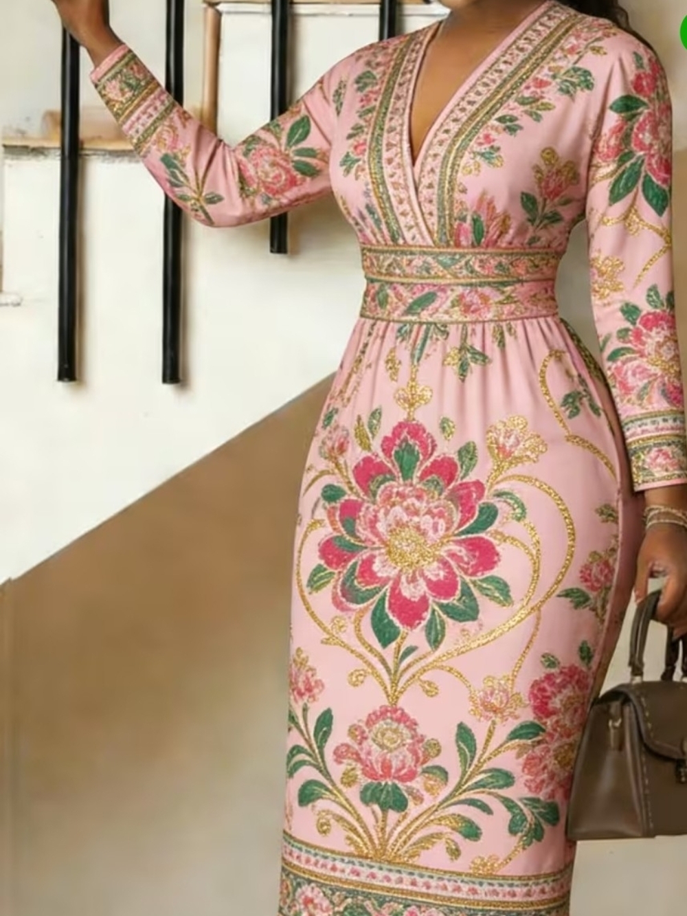 Elegant Pink Floral V-Neck Midi Dress